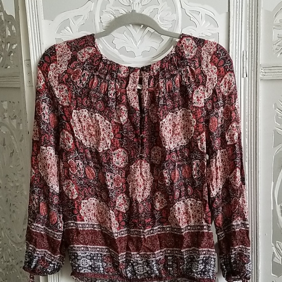 🍀LIKE NEW Lucky Brand Medallion Print Peasant Top - Picture 1 of 5